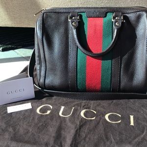 Large Gucci Vintage Web Boston Brown Leather Bag